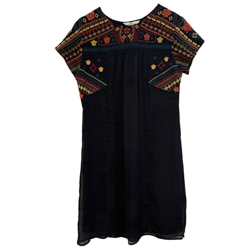 Bobbie Brooks Embroidered Boho Mini Dress Black Floral Geometric Short Sleeve n2
